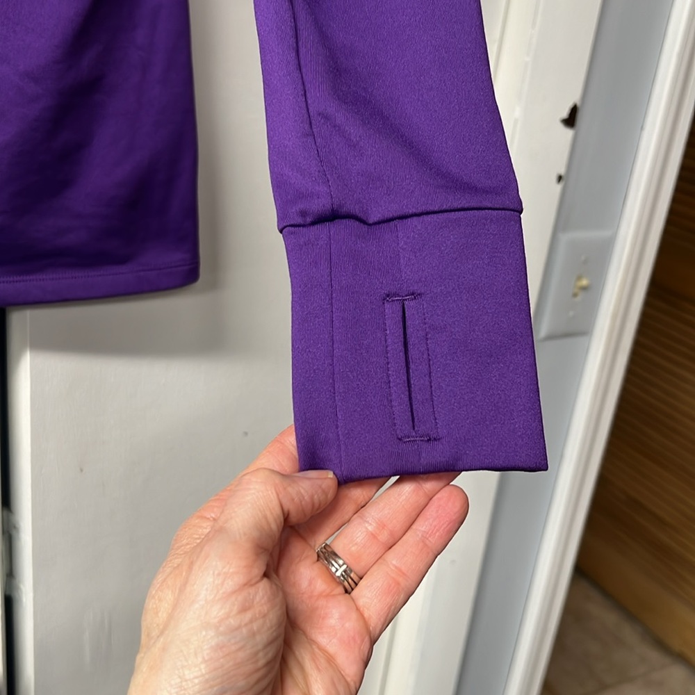 Athleta brand purple warm stretchy top with thumb holes and high neckline. - Picture 3 of 7